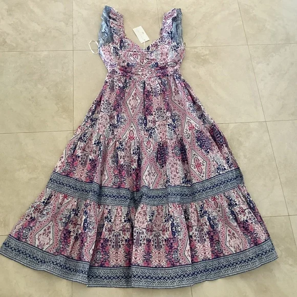 Caroline Constas Tiered Ruffled Cotton Frill Dress Pockets V-Neck Smocked Back - Picture 9 of 16